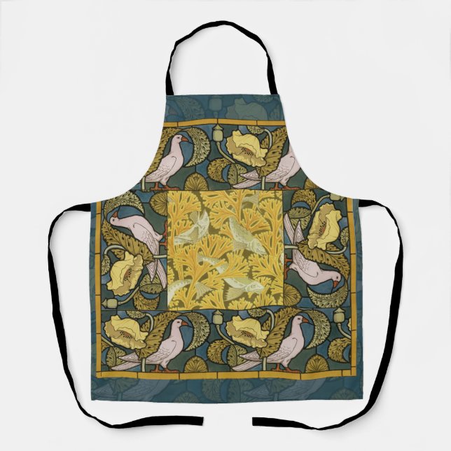 Pigeon Blue Yellow Fish Art Nouveau Apron (Front)