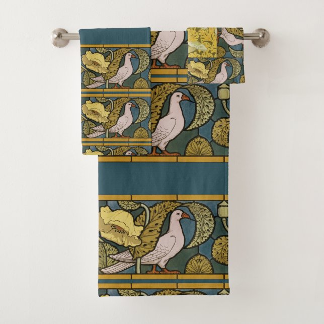 Pigeon Blue Yellow Fish Art Nouveau Bath Towel Set (Insitu)