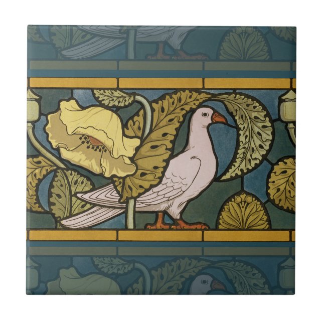 Pigeon Blue Yellow Fish Art Nouveau Tile (Front)