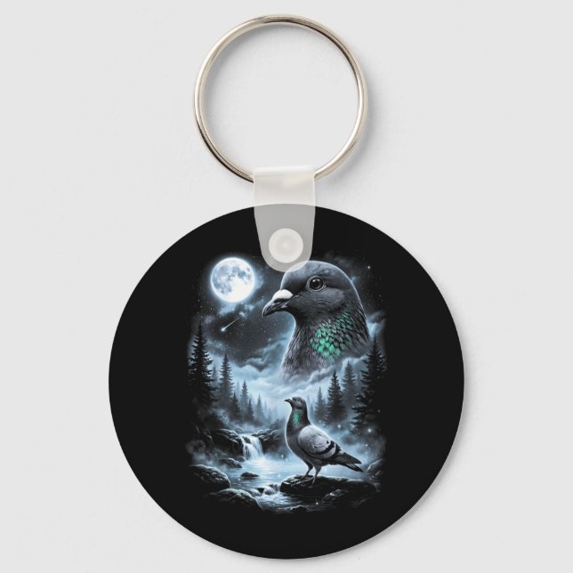 Pigeon Howling At Moon 90s Retro Birdwatcher Key Ring (Front)