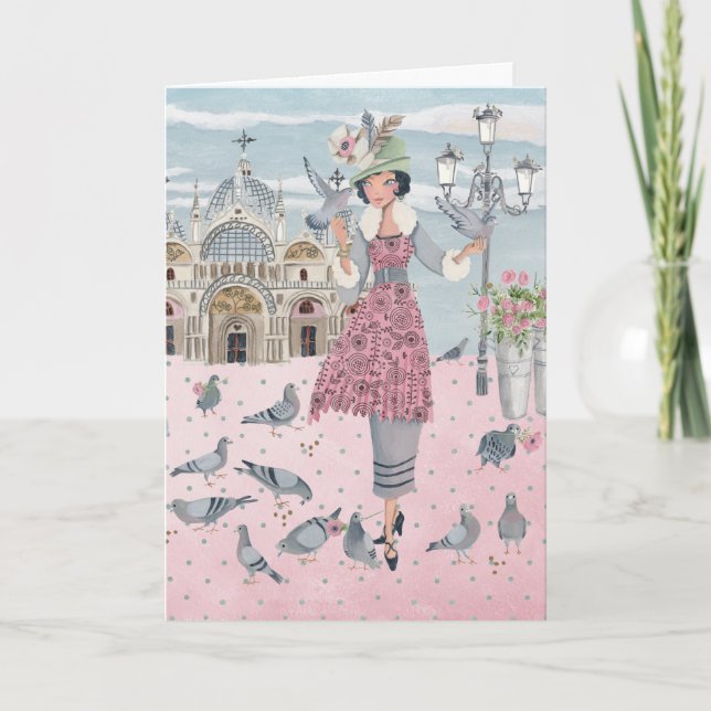 Pigeons Girl in Venice | Greeting Card (Front)