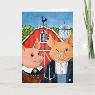 Piggies barnyard American Gothic greeting card