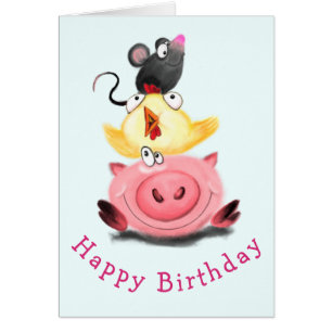 Piggy Chick and Mouse Friends Birthday Card