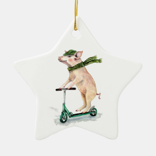 Piggy on a scooter ceramic tree decoration (Front)