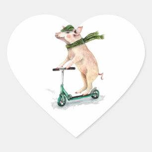 Piggy on a scooter heart sticker