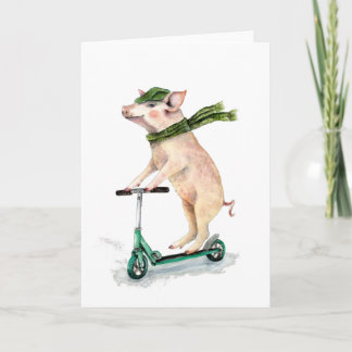 Piggy on a scooter holiday card
