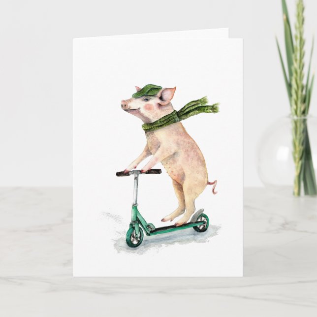 Piggy on a scooter holiday card (Front)