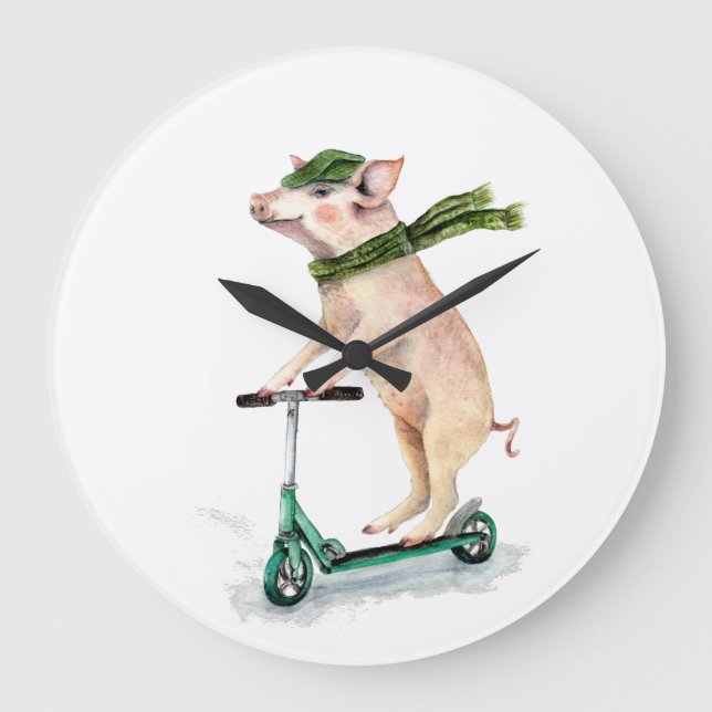 Piggy on a scooter large clock (Front)