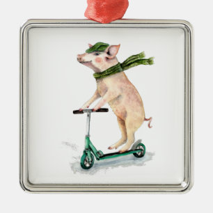 Piggy on a scooter metal tree decoration