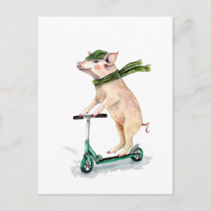 Piggy on a scooter postcard