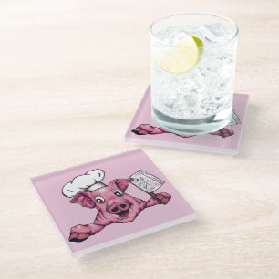 Piggy The Hamicidal Maniac Funny Chef Pig Art Glass Coaster
