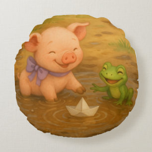 Piglet, Froglet, and Paper Boat, Watercolor by Na Round Cushion
