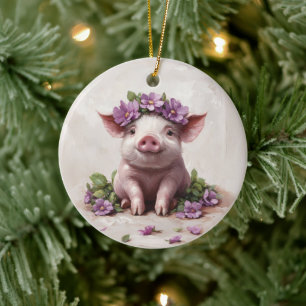 Piglet in a Purple Flower Crown Ceramic Tree Decoration