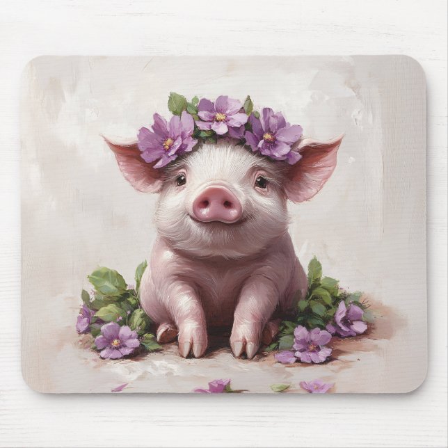 Piglet in a Purple Flower Crown Mouse Pad (Front)
