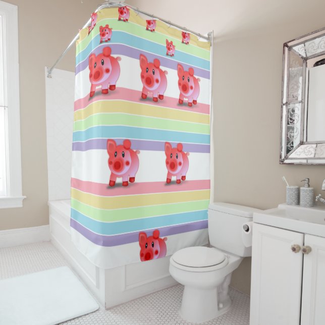 piglet pink children's showercurtain white shower curtain (In Situ)