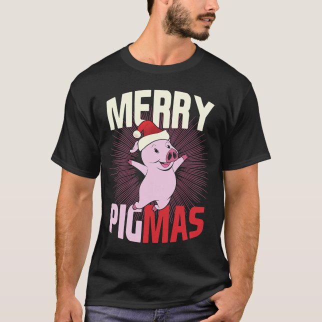 Pigmas Happy Pig Santa Hat Merry Christmas T-Shirt (Front)