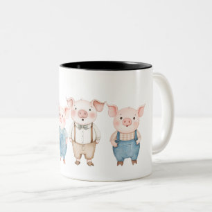 Pigs and Bad Wolf cartoon Two-Tone Coffee Mug