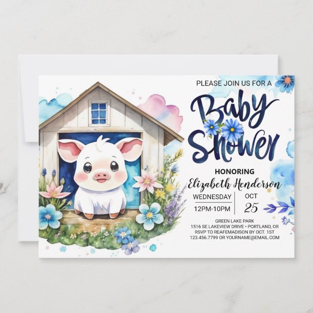 Pig's Blue Watercolor Dream Farm Baby Shower Invitation (Front)