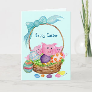Pigs Happy Easter Card. Pigs, eggs, Easter basket Holiday Card