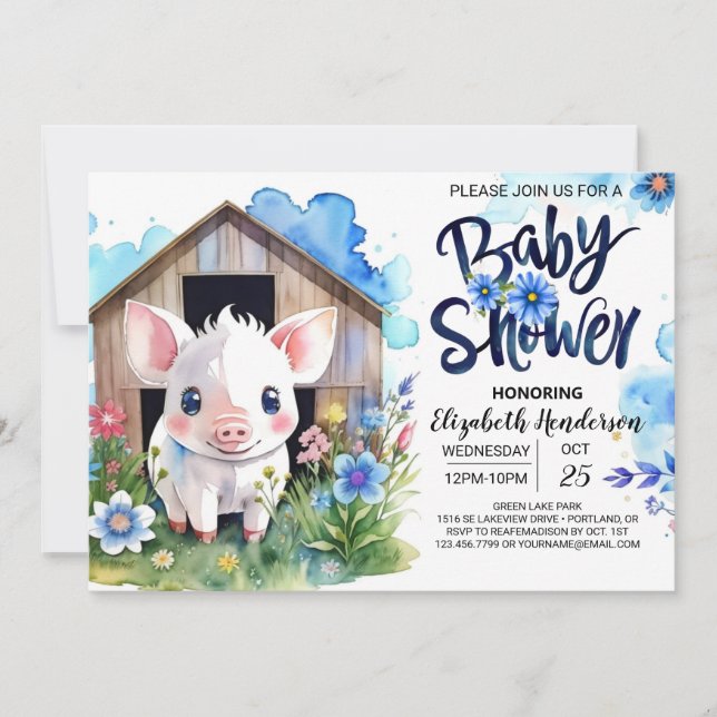 Pig's Whimsical Country Farm Blue Baby Shower Invitation (Front)