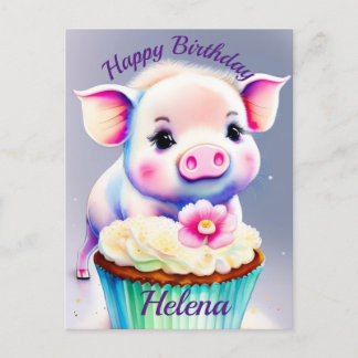 Pigs with cupcake water color postcard