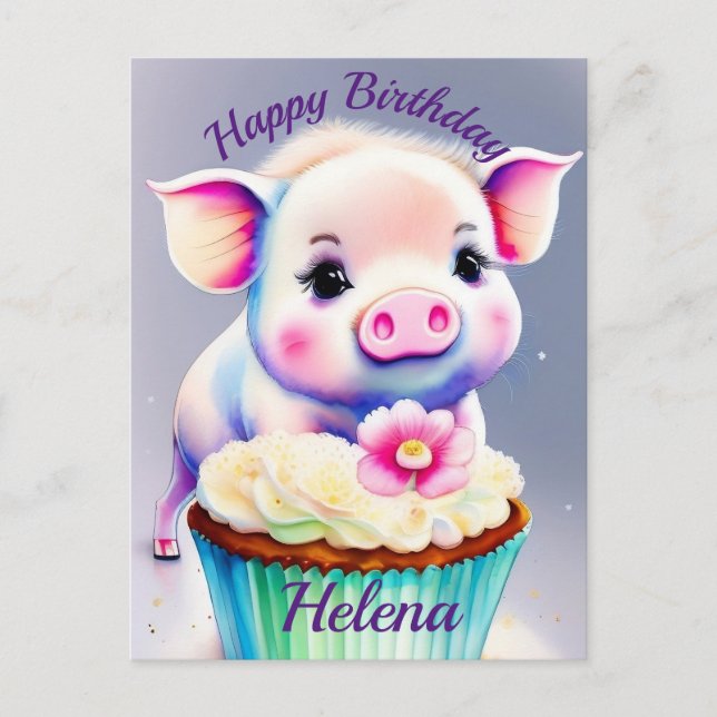Pigs with cupcake water color postcard (Front)
