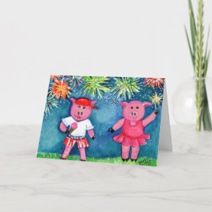 Pigs with Fireworks Card