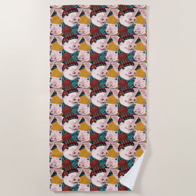 Pigs With Hats Pattern Beach Towel (Front)