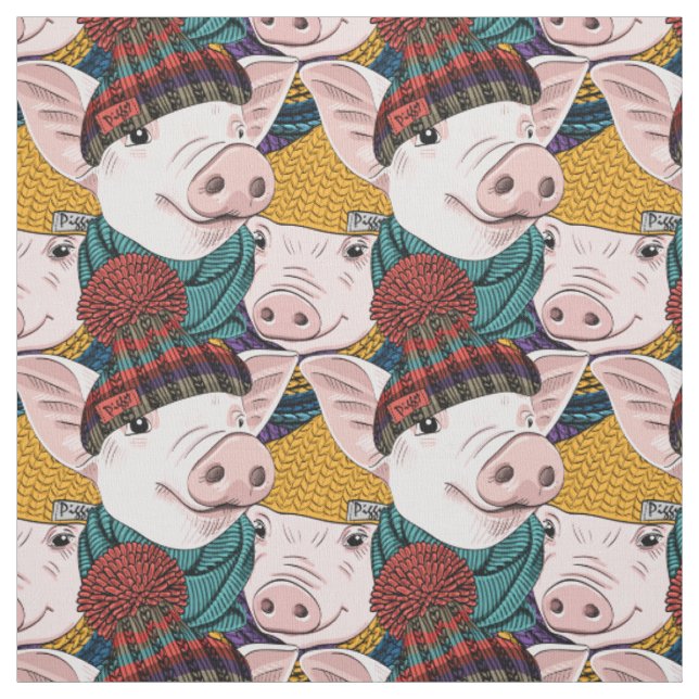 Pigs With Hats Pattern Fabric (Swatch)