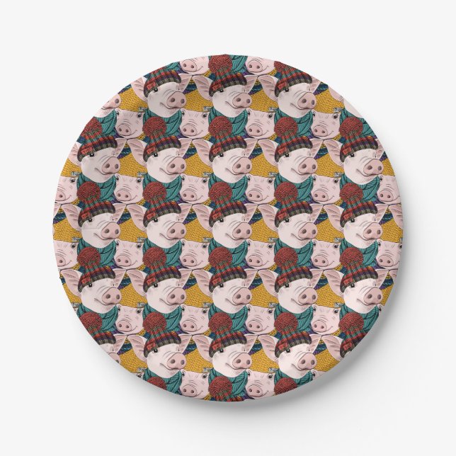 Pigs With Hats Pattern Paper Plate (Front)