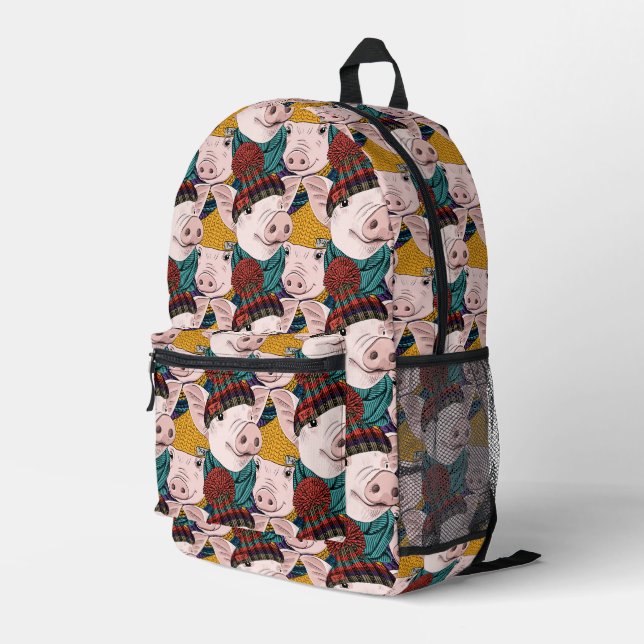 Pigs With Hats Pattern Printed Backpack (Back Corner Right)
