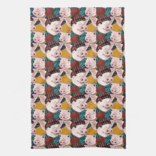 Pigs With Hats Pattern Tea Towel