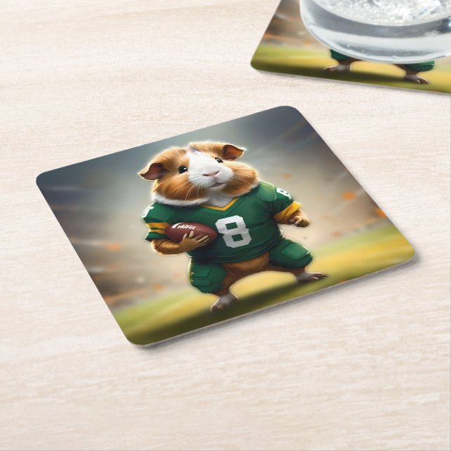 Pigskin Prodigy: The Guinea Pig Quarterback, Square Paper Coaster (Angled)