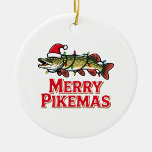 Pike Fish Santa Hat Merry Pikemas Angler Christmas Ceramic Tree Decoration