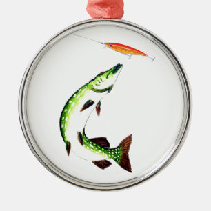 Pike fishing and fly fishing metal tree decoration