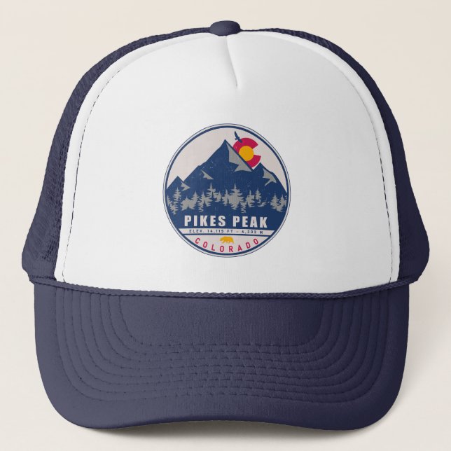 Pikes Peak Colorado Retro Sunset Souvenirs Trucker Hat (Front)