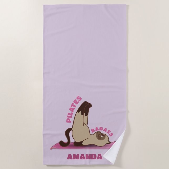 Pilates Badass Workout Kitty Cat Custom Name Beach Towel (Front)