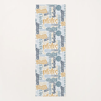 Pilates Lingo-Blue Gold Hand-Lettered Word Collage Yoga Mat