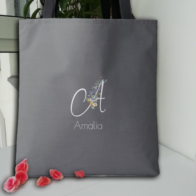 Pilates lover  Floral monogram watercolor  black Tote Bag (Creator Uploaded)