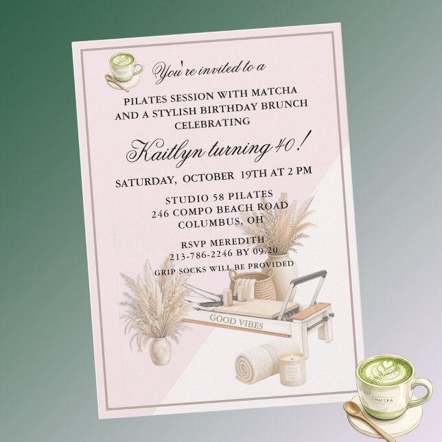 Pilates & Matcha (any age) 40th Birthday Event  Invitation (Creator Uploaded)
