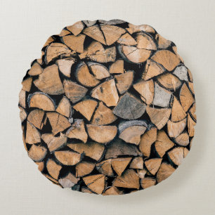 Pile of brown firewood round cushion