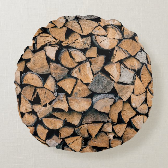 Pile of brown firewood round cushion (Front)