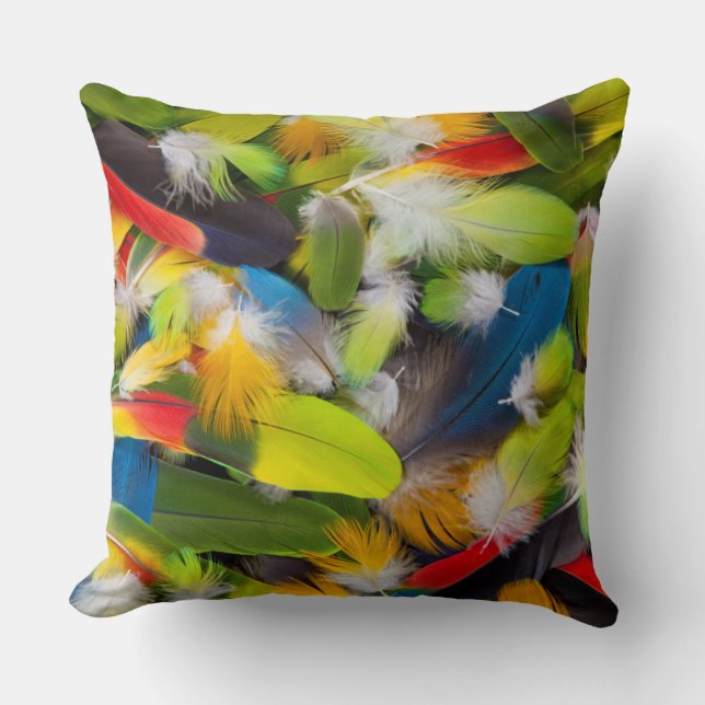 Pile of colourful feathers cushion (Front)