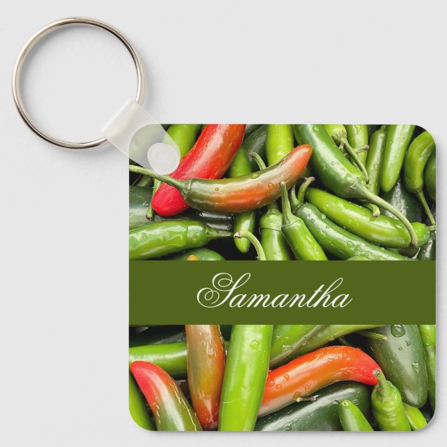 Pile Of Green Spicy Peppers Key Ring (Front)