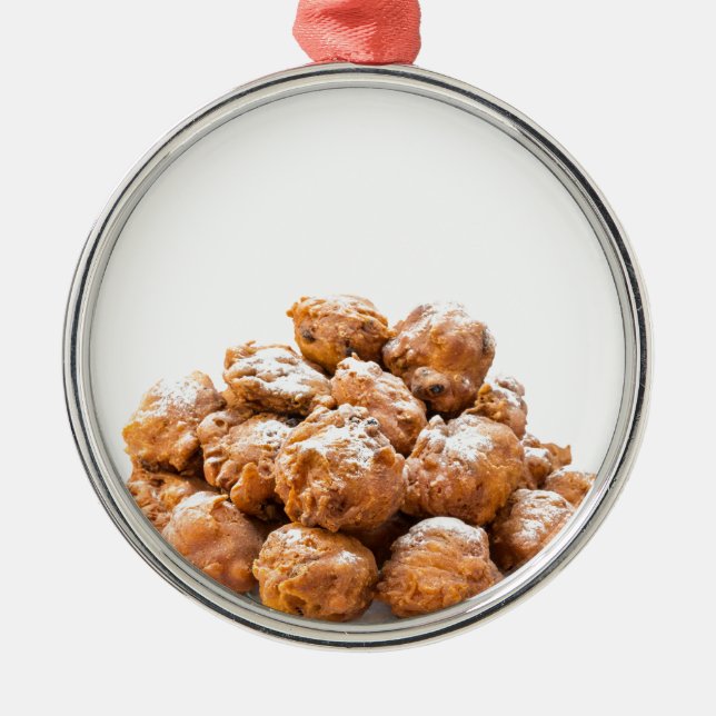Pile of sugared oliebollen or fried fritters metal tree decoration (Front)