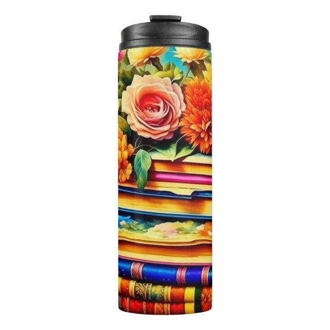 Pile of Vintage Books and Flowers Thermal Tumbler (Front)