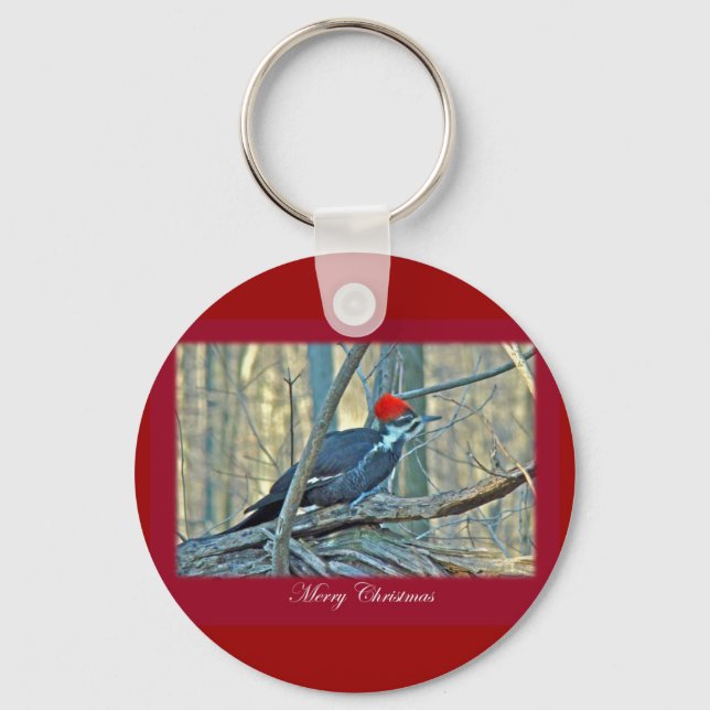 Pileated Woodpecker Merry Christmas Items Key Ring (Front)