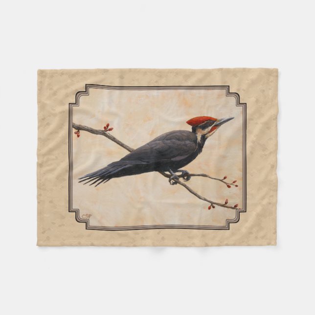 Pileated Woodpecker Tan Fleece Blanket (Front (Horizontal))
