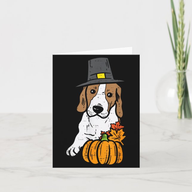 Pilgrim Beagle Pumpkin Leaf Thanksgiving Fall Card (Front)