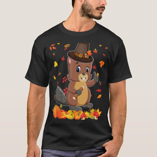 Pilgrim Beaver Happy Thanksgiving Thankful Pumpkin T-Shirt (Front)
